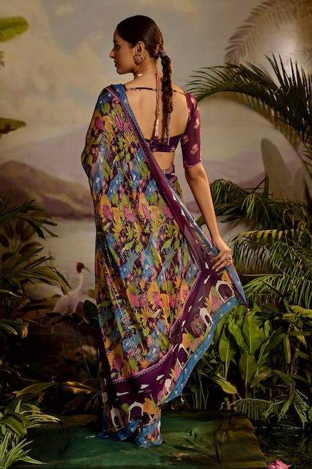 Baise Gaba Purple Lurex, Georgette Beads, Samandar Tropical Print Saree With Blouse Online at Aza Fashions Baise Gaba_Purple Lurex, Georgette Beads, Samandar Tropical Print Saree With Blouse _Online_at_Aza_Fashions