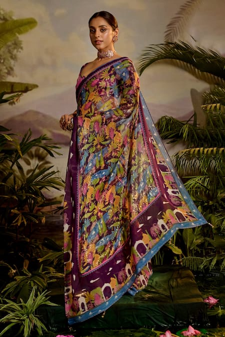 Buy Baise Gaba Purple Lurex, Georgette Beads, Samandar Tropical Print Saree With Blouse Online at Aza Fashions Buy_Baise Gaba_Purple Lurex, Georgette Beads, Samandar Tropical Print Saree With Blouse _Online_at_Aza_Fashions