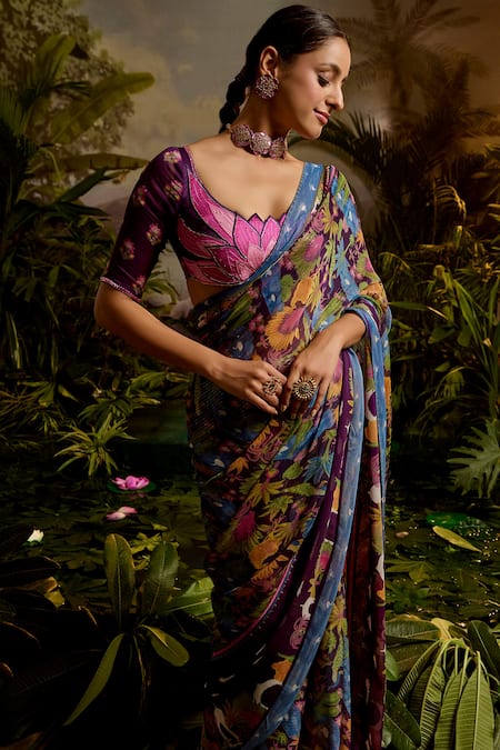 Shop Baise Gaba Purple Lurex, Georgette Beads, Samandar Tropical Print Saree With Blouse Online at Aza Fashions Shop_Baise Gaba_Purple Lurex, Georgette Beads, Samandar Tropical Print Saree With Blouse _Online_at_Aza_Fashions