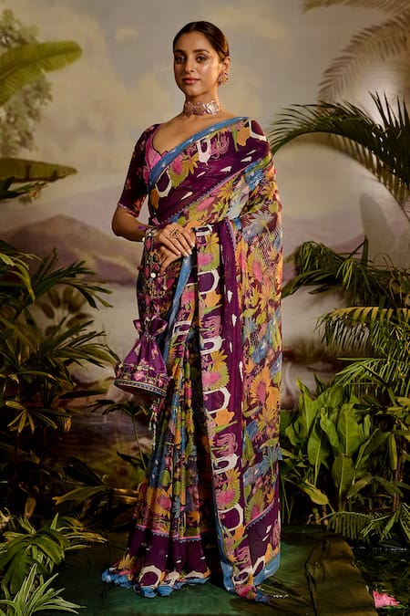 Baise Gaba Purple Lurex, Georgette Beads, Samandar Tropical Print Saree With Blouse at Aza Fashions Baise Gaba_Purple Lurex, Georgette Beads, Samandar Tropical Print Saree With Blouse _at_Aza_Fashions