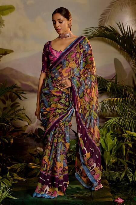 Buy Baise Gaba Purple Georgette, Samandar Tropical Print Saree With Unstitched Blouse Piece Online at Aza Fashions Buy_Baise Gaba_Purple Georgette, Samandar Tropical Print Saree With Unstitched Blouse Piece _Online_at_Aza_Fashions