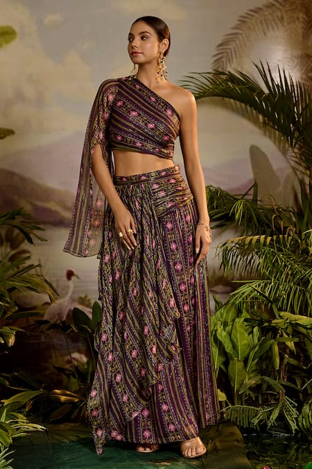 Baise Gaba Purple Lurex Chiffon Sharvari One Shoulder Crop Top And Skirt Set 