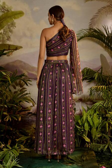 Shop Baise Gaba Purple Lurex, Chiffon Sharvari One Shoulder Printed Crop Top And Skirt Set at Aza Fashions Shop_Baise Gaba_Purple Lurex, Chiffon Sharvari One Shoulder Printed Crop Top And Skirt Set_at_Aza_Fashions
