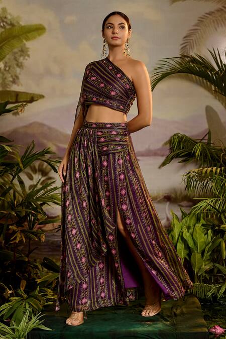 Baise Gaba Purple Lurex, Chiffon Sharvari One Shoulder Printed Crop Top And Skirt Set Online at Aza Fashions Baise Gaba_Purple Lurex, Chiffon Sharvari One Shoulder Printed Crop Top And Skirt Set_Online_at_Aza_Fashions