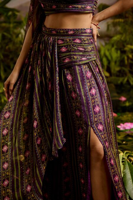 Baise Gaba Purple Lurex, Chiffon Sharvari One Shoulder Printed Crop Top And Skirt Set at Aza Fashions Baise Gaba_Purple Lurex, Chiffon Sharvari One Shoulder Printed Crop Top And Skirt Set_at_Aza_Fashions