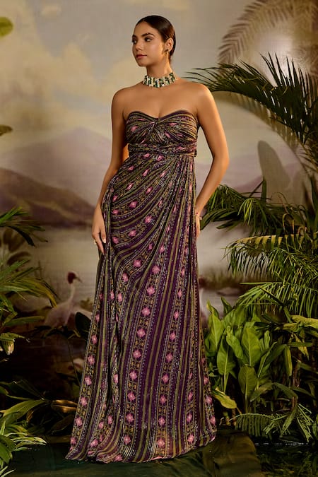 Baise Gaba Purple Lurex Chiffon Printed Flower Stripe Sweetheart Tarini Dress 