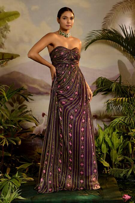 Baise Gaba_Purple Lurex, Chiffon Sweetheart Neck Tarini Flower Stripe Print Dress_Online_at_Aza_Fashions