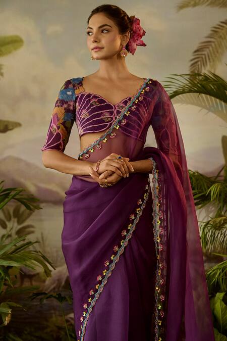 Buy Baise Gaba Purple Georgette, Lurex Gopi Scallop Border Embroidered Saree With Blouse Online at Aza Fashions Buy_Baise Gaba_Purple Georgette, Lurex Gopi Scallop Border Embroidered Saree With Blouse _Online_at_Aza_Fashions