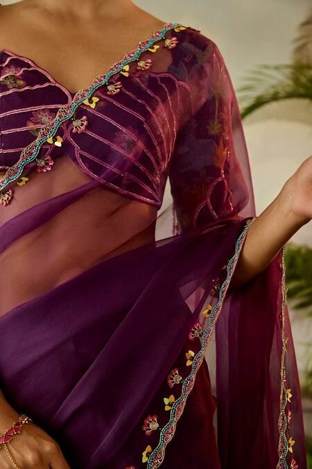 Shop Baise Gaba Purple Georgette, Lurex Gopi Scallop Border Embroidered Saree With Blouse Online at Aza Fashions Shop_Baise Gaba_Purple Georgette, Lurex Gopi Scallop Border Embroidered Saree With Blouse _Online_at_Aza_Fashions