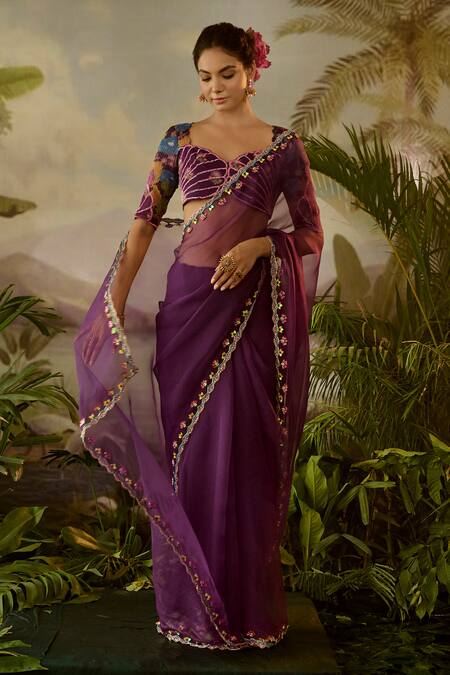 Baise Gaba Purple Georgette, Lurex Gopi Scallop Border Embroidered Saree With Blouse at Aza Fashions Baise Gaba_Purple Georgette, Lurex Gopi Scallop Border Embroidered Saree With Blouse _at_Aza_Fashions