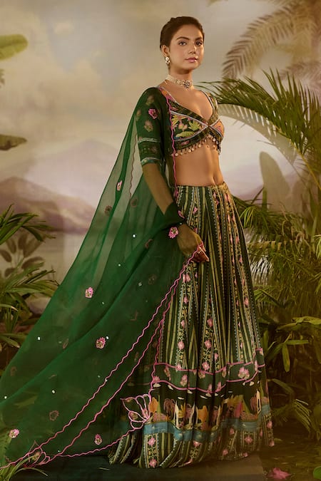 Buy Baise Gaba Green Modal, Georgette Embroidery, Tassels V-neck Padma Stripe Print Lehenga Set Online at Aza Fashions Buy_Baise Gaba_Green Modal, Georgette Embroidery, Tassels V-neck Padma Stripe Print Lehenga Set _Online_at_Aza_Fashions