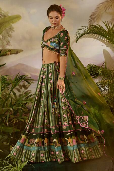 Baise Gaba Green Modal, Georgette Embroidery, Tassels V-neck Padma Stripe Print Lehenga Set at Aza Fashions Baise Gaba_Green Modal, Georgette Embroidery, Tassels V-neck Padma Stripe Print Lehenga Set _at_Aza_Fashions
