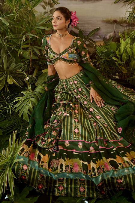 Buy Baise Gaba Green Modal, Georgette Embroidery, Tassels V-neck Padma Stripe Print Lehenga Set Buy_Baise Gaba_Green Modal, Georgette Embroidery, Tassels V-neck Padma Stripe Print Lehenga Set