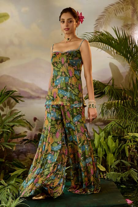 Shop_Baise Gaba_Green Lurex, Chiffon Beads, Sequins, Cut Kauravi Pond Print Top And Sharara Set _Online_at_Aza_Fashions
