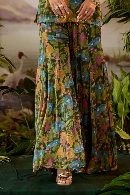 Buy_Baise Gaba_Green Lurex, Chiffon Beads, Sequins, Cut Kauravi Pond Print Top And Sharara Set 