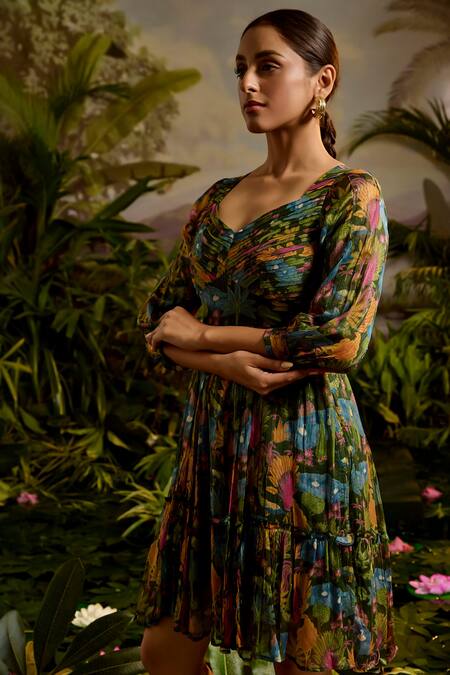 Shop Baise Gaba Green Lurex, Chiffon Sweetheart Neck Ambika Forest Pond Print Dress Online at Aza Fashions Shop_Baise Gaba_Green Lurex, Chiffon Sweetheart Neck Ambika Forest Pond Print Dress _Online_at_Aza_Fashions