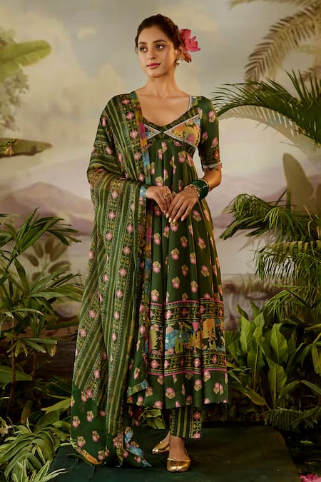 Baise Gaba Green Modal Satin Printed And Embroidered Floral Gauri Anarkali Set 