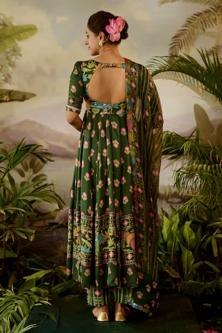 Baise Gaba Green Modal, Chiffon, Lurex Embroidery, Beads, Gauri Flora Print Anarkali Set Online at Aza Fashions Baise Gaba_Green Modal, Chiffon, Lurex Embroidery, Beads, Gauri Flora Print Anarkali Set _Online_at_Aza_Fashions