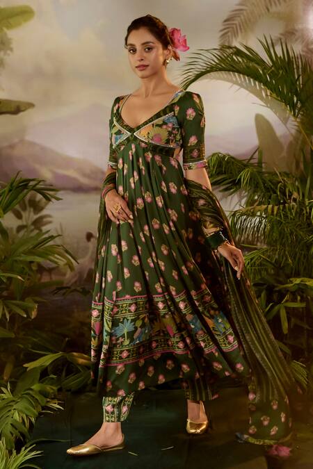 Shop Baise Gaba Green Modal, Chiffon, Lurex Embroidery, Beads, Gauri Flora Print Anarkali Set Online at Aza Fashions Shop_Baise Gaba_Green Modal, Chiffon, Lurex Embroidery, Beads, Gauri Flora Print Anarkali Set _Online_at_Aza_Fashions