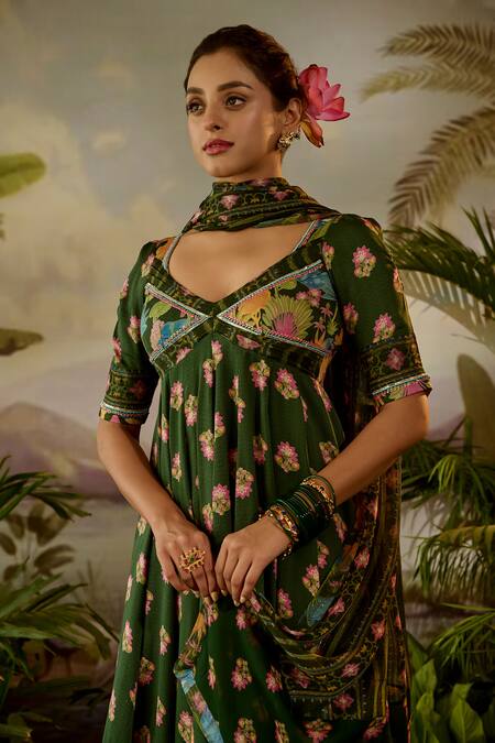 Baise Gaba Green Modal, Chiffon, Lurex Embroidery, Beads, Gauri Flora Print Anarkali Set at Aza Fashions Baise Gaba_Green Modal, Chiffon, Lurex Embroidery, Beads, Gauri Flora Print Anarkali Set _at_Aza_Fashions