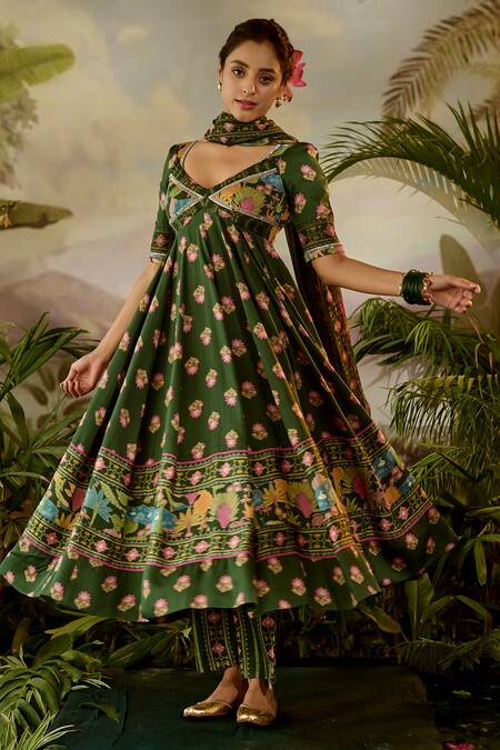 Buy Baise Gaba Green Modal, Chiffon, Lurex Embroidery, Beads, Gauri Flora Print Anarkali Set Buy_Baise Gaba_Green Modal, Chiffon, Lurex Embroidery, Beads, Gauri Flora Print Anarkali Set