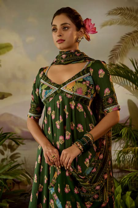 Buy_Baise Gaba_Green Modal, Satin, Lurex, Chiffon Embroidery, Beads Gauri Flora Print Anarkali _Online_at_Aza_Fashions
