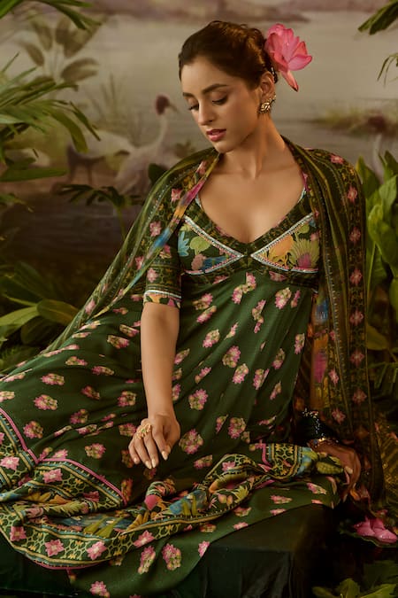 Baise Gaba_Green Modal, Satin, Lurex, Chiffon Embroidery, Beads Gauri Flora Print Anarkali _at_Aza_Fashions