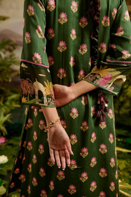 Shop_Baise Gaba_Green Modal, Satin Embroidery, Beads V-neck Ruhani Printed Kurta And Pant Set _Online_at_Aza_Fashions