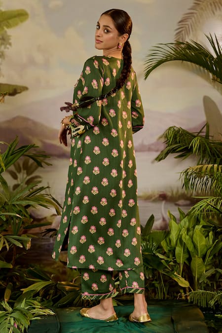 Shop Baise Gaba Green Modal, Satin Embroidery, Beads V-neck Ruhani Printed Pleated Kurta at Aza Fashions Shop_Baise Gaba_Green Modal, Satin Embroidery, Beads V-neck Ruhani Printed Pleated Kurta _at_Aza_Fashions