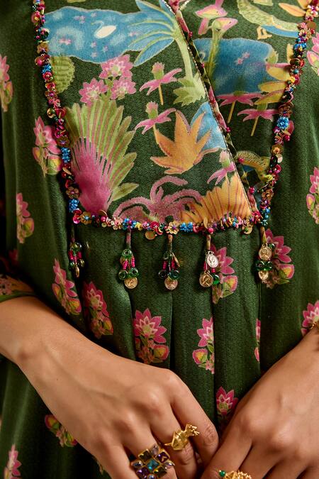 Buy Baise Gaba Green Modal, Satin Embroidery, Beads V-neck Ruhani Printed Pleated Kurta Online at Aza Fashions Buy_Baise Gaba_Green Modal, Satin Embroidery, Beads V-neck Ruhani Printed Pleated Kurta _Online_at_Aza_Fashions