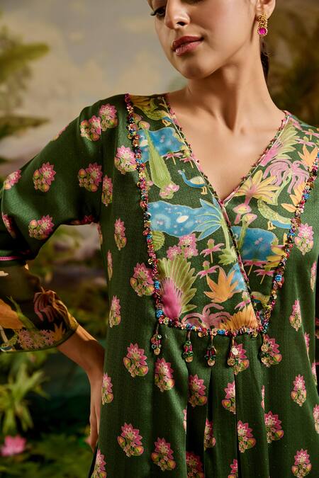 Buy Baise Gaba Green Modal, Satin Embroidery, Beads V-neck Ruhani Printed Pleated Kurta Buy_Baise Gaba_Green Modal, Satin Embroidery, Beads V-neck Ruhani Printed Pleated Kurta