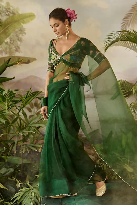 Buy_Baise Gaba_Green Organza, Lurex Sequins, Beads V-neck Taru Saree And Printed Blouse Set _Online_at_Aza_Fashions