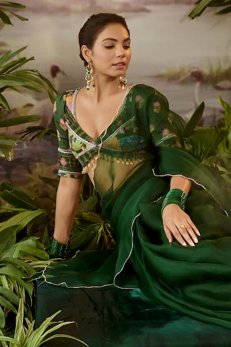 Shop_Baise Gaba_Green Organza, Lurex Sequins, Beads V-neck Taru Saree And Printed Blouse Set _Online_at_Aza_Fashions