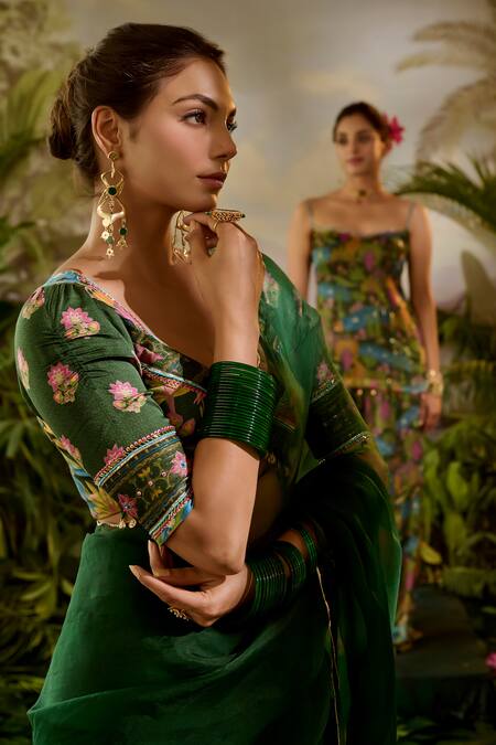 Baise Gaba_Green Organza, Lurex Sequins, Beads V-neck Taru Saree And Printed Blouse Set _at_Aza_Fashions