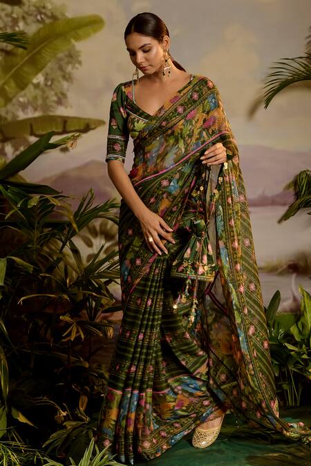 Buy Baise Gaba Green Lurex, Chiffon Sequins, Falguni Stripe Print Saree And Blouse Set Online at Aza Fashions Buy_Baise Gaba_Green Lurex, Chiffon Sequins, Falguni Stripe Print Saree And Blouse Set _Online_at_Aza_Fashions