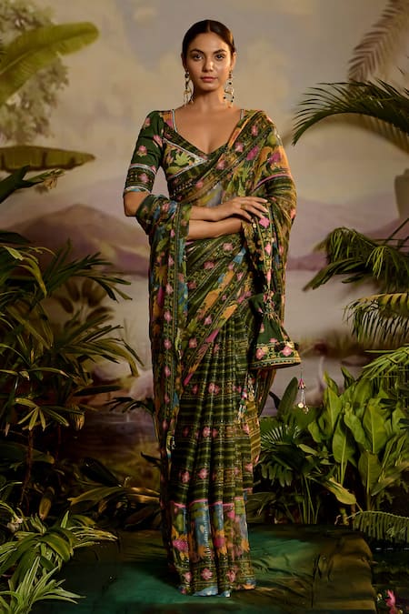 Shop Baise Gaba Green Lurex, Chiffon Sequins, Falguni Stripe Print Saree And Blouse Set Online at Aza Fashions Shop_Baise Gaba_Green Lurex, Chiffon Sequins, Falguni Stripe Print Saree And Blouse Set _Online_at_Aza_Fashions
