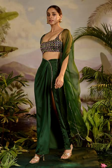 Buy_Baise Gaba_Green Satin, Silk, Organza Rhinestones, Zari Trishna Work Bustier Skirt Set _Online_at_Aza_Fashions