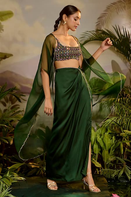 Shop_Baise Gaba_Green Satin, Silk, Organza Rhinestones, Zari Trishna Work Bustier Skirt Set _Online_at_Aza_Fashions