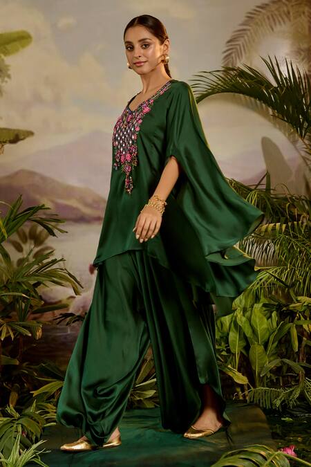 Shop Baise Gaba Green Satin, Silk Mirrors, Sequins, Beads, Harini Top And Harem Pant Set Shop_Baise Gaba_Green Satin, Silk Mirrors, Sequins, Beads, Harini Top And Harem Pant Set