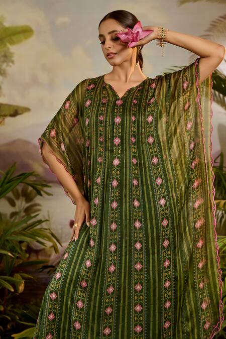 Buy_Baise Gaba_Green Lurex, Chiffon Beads Round Neck Lasya Floral Stripe Print Kaftan _Online_at_Aza_Fashions