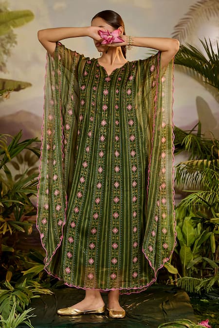 Shop_Baise Gaba_Green Lurex, Chiffon Beads Round Neck Lasya Floral Stripe Print Kaftan _Online_at_Aza_Fashions