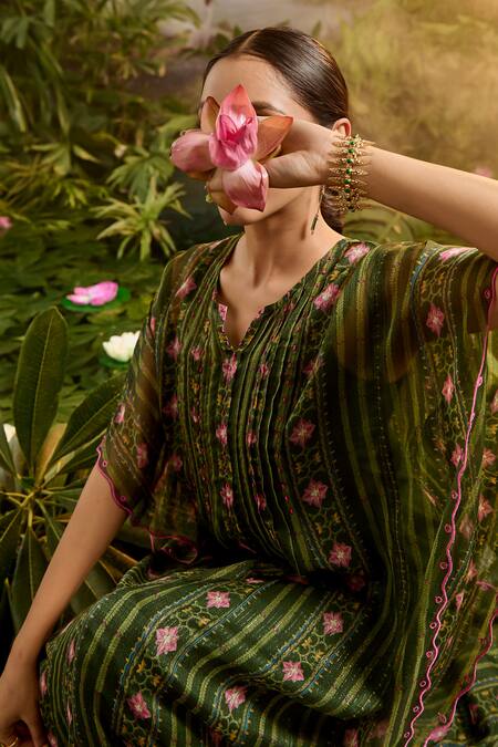 Baise Gaba_Green Lurex, Chiffon Beads Round Neck Lasya Floral Stripe Print Kaftan _at_Aza_Fashions
