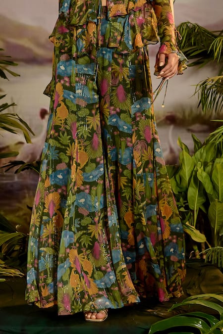 Buy Baise Gaba Green Modal, Chiffon, Lurex Ruffles Round Neck Gaaya Printed Top Sharara Set Online at Aza Fashions Buy_Baise Gaba_Green Modal, Chiffon, Lurex Ruffles Round Neck Gaaya Printed Top Sharara Set _Online_at_Aza_Fashions