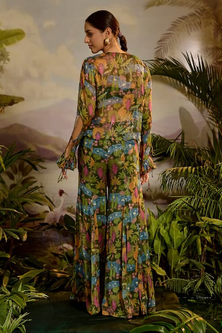 Baise Gaba Green Modal, Chiffon, Lurex Ruffles Round Neck Gaaya Printed Top Sharara Set Online at Aza Fashions Baise Gaba_Green Modal, Chiffon, Lurex Ruffles Round Neck Gaaya Printed Top Sharara Set _Online_at_Aza_Fashions