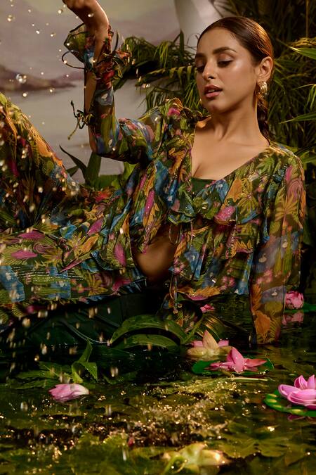 Buy Baise Gaba Green Modal, Chiffon, Lurex Ruffles Round Neck Gaaya Printed Top Sharara Set Buy_Baise Gaba_Green Modal, Chiffon, Lurex Ruffles Round Neck Gaaya Printed Top Sharara Set