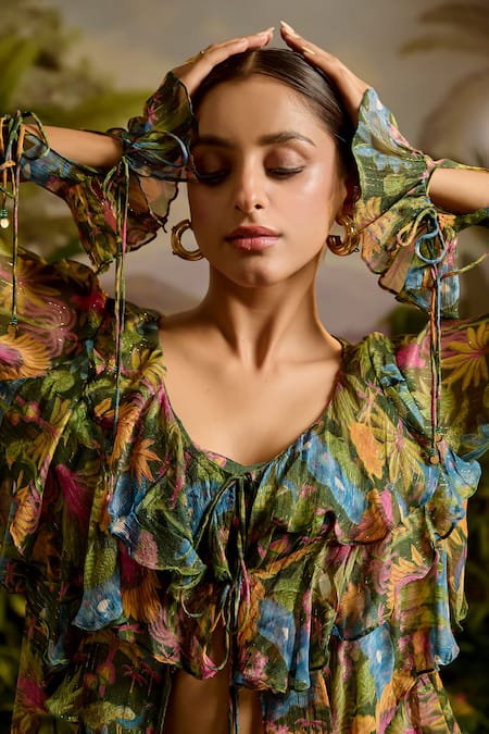 Shop Baise Gaba Green Modal, Chiffon, Lurex Ruffles Round Neck Gaaya Printed Top Sharara Set Shop_Baise Gaba_Green Modal, Chiffon, Lurex Ruffles Round Neck Gaaya Printed Top Sharara Set