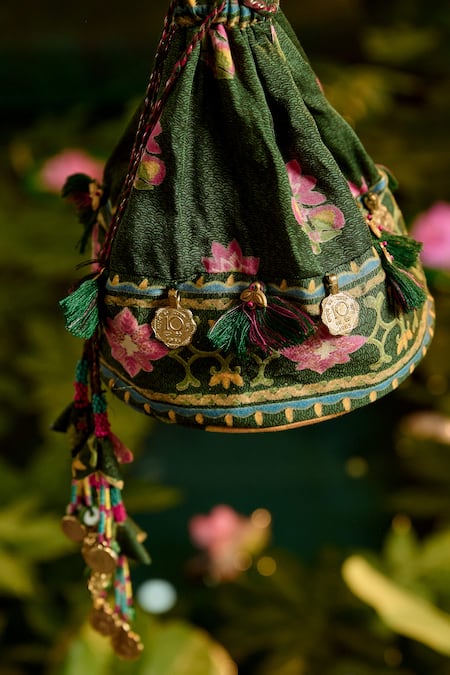 Shop Baise Gaba Green Mirrors, Beads, Tassels Nirali Floral Print Potli Bag at Aza Fashions Shop_Baise Gaba_Green Mirrors, Beads, Tassels Nirali Floral Print Potli Bag _at_Aza_Fashions