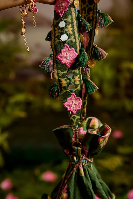 Baise Gaba Green Mirrors, Beads, Tassels Nirali Floral Print Potli Bag Online at Aza Fashions Baise Gaba_Green Mirrors, Beads, Tassels Nirali Floral Print Potli Bag _Online_at_Aza_Fashions