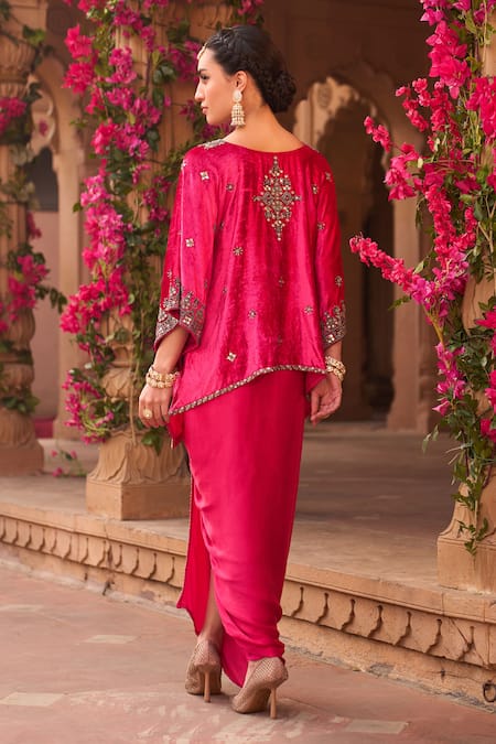 Shop Reeti Arneja Pink Velvet, Cotton Embroidery, Beads Square Neck Hand Kurta With Dhoti Pant at Aza Fashions Shop_Reeti Arneja_Pink Velvet, Cotton Embroidery, Beads Square Neck Hand Kurta With Dhoti Pant _at_Aza_Fashions