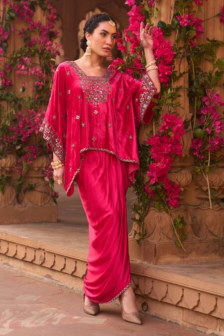 Reeti Arneja Pink Velvet, Cotton Embroidery, Beads Square Neck Hand Kurta With Dhoti Pant Online at Aza Fashions Reeti Arneja_Pink Velvet, Cotton Embroidery, Beads Square Neck Hand Kurta With Dhoti Pant _Online_at_Aza_Fashions
